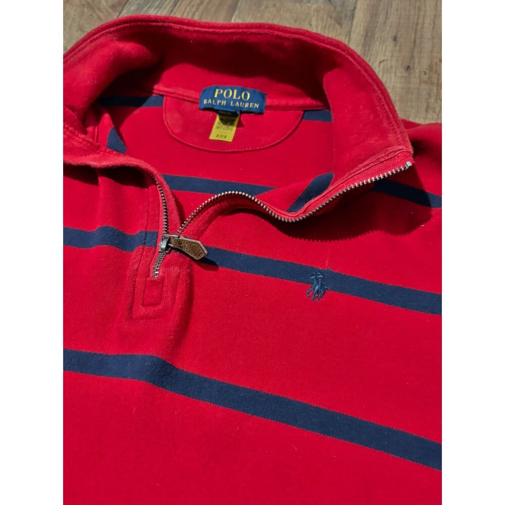 Polo Ralph Lauren Quarter Zip Sweatshirt Mens Medium Red Navy Blue Striped Pony